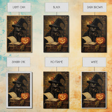 Carregar imagem no visualizador da galeria, Cute Witch Cat Reading Her Book Of Spells, Vintage Halloween Art, Framed Canvas Print, Halloween Canvas Art, Witchcraft
