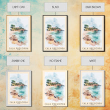 Load image into Gallery viewer, Cala Pregonda, Spain Watercolor Print, Vacation Gift, Spain Wall Art, Beach Painting, Beach Decor, Large Wall Art, Wood Frame Art
