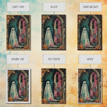 Load image into Gallery viewer, Ghostly Figure at Haunted Door Framed Canvas Print, Halloween Spirit Decor, Spooky Ghost Art, Haunted House Wall Art, Creepy Ghostly Print
