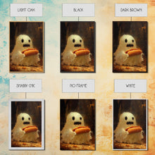 Cargar imagen en el visor de la galería, CHOMP! Cute Lil Ghost Eatin&#39; a Dog, The Hot Dog Ghost, Haunted Hot Dog Thief, Framed Canvas Print, Halloween Art
