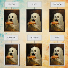 Load image into Gallery viewer, Ghostly Hot Dog Thief, Cute Lil Ghost Eatin&#39; a Dog, The Hot Dog Ghost, Haunted Hot Dog Thief, Framed Canvas Print, Halloween Art

