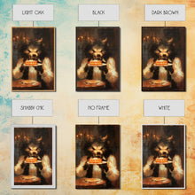 Load image into Gallery viewer, Halloween Werewolf Eating Hotdog, Framed Canvas Print, Wall Art, Spooky Artwork, Fantasy Decor, Halloween Decor, Whimsical Funny Halloween
