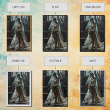 Load image into Gallery viewer, Ghostly Bride in Abandoned Church Framed Canvas Print | Halloween Bride Art | Eerie Bride Decor for Home | Haunted Wedding Artwork
