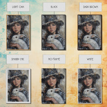 Load image into Gallery viewer, Enchanting Witch with White Rabbit in Serene Autumn Setting - Mystical Forest Art Framed Canvas Print, Halloween Home Decor
