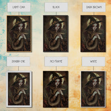 Load image into Gallery viewer, Witch Holding Snake under Full Moon - Dark Forest Sorcery Gothic Art Framed Canvas Print, Halloween Witchy Decor
