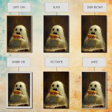 Load image into Gallery viewer, Cute Ghost Chompin on A Hot Dog, Ghostly Hot Dog Thief, Framed Canvas Print, Funny Halloween Spooky Season Art
