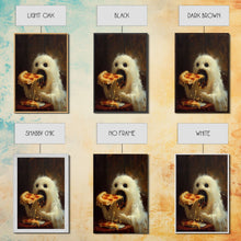 Load image into Gallery viewer, Cute Ghost Chompin on A Pizza, Ghostly Pizza Pirate, Framed Canvas Print, Funny Halloween Spooky Season Art

