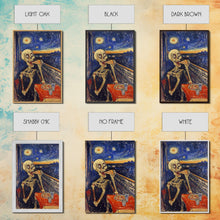 Load image into Gallery viewer, Spooky Skeleton Dude Eatin&#39; a Pizza, Starry Night Inspired Funny Halloween Art, Framed Canvas Print
