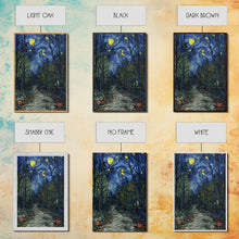 Load image into Gallery viewer, Dark Forest Path with Pumpkins Framed Canvas Print, Halloween Wall Art, Starry Night Inspired, Home Decor, Spooky Art, Living Room Decor
