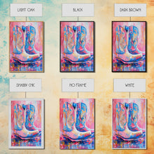 Load image into Gallery viewer, Blue and Pink Cowboy Boots with Floral Background - Framed Canvas Print, Rustic Western Wall Art, Vibrant Boot Art for Home Decor
