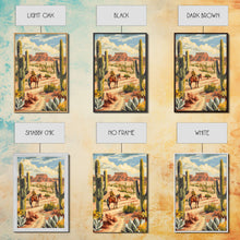 Load image into Gallery viewer, Cowboy Riding in Desert Landscape with Cacti - Framed Canvas Print, Western Art, Southwestern Decor, Desert Scene Wall Art for Home
