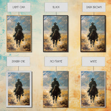 Load image into Gallery viewer, Lone Cowboy Riding into Sunset - Framed Canvas Print, Western Art, Living Room Decor, Cowboy Art for Bedroom, Rustic Wall Art
