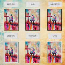 Carregar imagem no visualizador da galeria, Abstract Cowboy with Cross in Bold Hues - Framed Canvas Print, Modern Western Decor, Vibrant Cowboy Wall Art for Living Room or Bedroom
