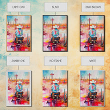 Carregar imagem no visualizador da galeria, Abstract Cowboy Kneeling by Cross Art - Framed Canvas Print, Modern Southwestern Decor, Vibrant Living Room Wall Art
