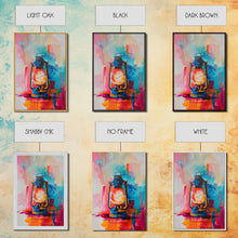 Carregar imagem no visualizador da galeria, Brightly Painted Oil Lamp - Framed Canvas Print, Vibrant Western Art, Rustic Lamp Wall Art for Living Room Decor

