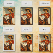 Cargar imagen en el visor de la galería, Classic Cowgirl with Red Outfit on Horse | Framed Canvas Print | Western Wall Art | Living Room Decor | Rustic Home Decor
