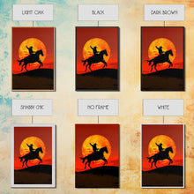 Load image into Gallery viewer, Cowboy Silhouette on Horseback at Sunset | Framed Canvas Print | Western Landscape Art | Rustic Cowboy Wall Art for Living Room
