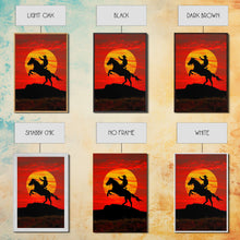 Load image into Gallery viewer, Dynamic Cowboy Horse Ride Silhouette at Sunset | Framed Canvas Print | Western Wall Art | Sunset Horseback Wall Art for Home Decor
