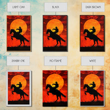 Load image into Gallery viewer, Cowboy Riding Horse into the Sunset | Framed Canvas Print | Western Silhouette Art | Rustic Cowboy Wall Art for Living Room
