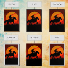Carregar imagem no visualizador da galeria, Action Cowboy Silhouette on Horse at Sunset | Framed Canvas Print | Western Wall Art | Dramatic Cowboy Wall Art for Home Decor
