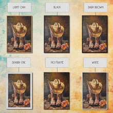 Load image into Gallery viewer, Cowboy Boots and Hat with Flowers Art - Framed Canvas Print, Rustic Wall Decor, Western Bedroom Art, Cowboy Home Decoration
