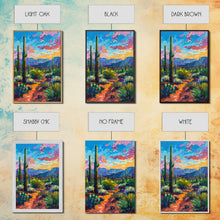Load image into Gallery viewer, Framed Canvas Print, Cactus and Desert Path Wall Art, Vibrant Southwest Landscape for Living Room or Bedroom, Nature Art Poster Piece
