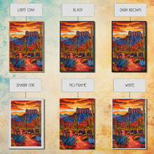 Load image into Gallery viewer, Framed Canvas Print, Bold Desert Landscape with Saguaro Cacti and Mountains, Unique Wall Art for Living Room or Bedroom
