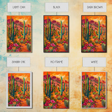 Load image into Gallery viewer, Framed Canvas Print, Vibrant Desert Scene with Saguaro Cacti and Flowers, Unique Wall Art for Living Room or Bedroom
