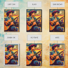 Load image into Gallery viewer, Country Cowboy playing guitar under a colorful sunset, pop art style Framed Canvas Print - music decor, country music art, vibrant wall art
