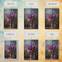 Load image into Gallery viewer, Dramatic Floral Vase Art on Rich Background - Framed Canvas Print, Bold Flower Decor for Living Room, Botanical Artwork, Floral Wall Art
