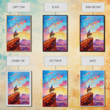 Load image into Gallery viewer, Cowboy on Horseback Overlooking Canyon - Vibrant Western Landscape Art, Sunset Painting, Living Room Decor, Cowboy Canvas Print
