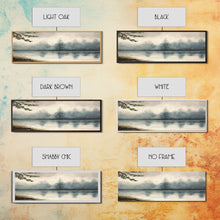 Load image into Gallery viewer, Panoramic Framed Canvas Print of Misty Fog Covered Lake and Pine Tree Forest, Perfect for Living Room, Bedroom, Fog Covered Lake
