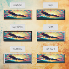 Carregar imagem no visualizador da galeria, American Bald Eagle, Panoramic Wall Art, Framed Canvas, Retro Style Eagle Painting, Synthwave Ocean Sunset Art
