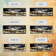 Carregar imagem no visualizador da galeria, Black &amp; Gold Mountain Landscape Painting, Framed Canvas Print, Panoramic Art, Extra Wide Art, Center Piece Decor, Above Fireplace or Sofa
