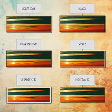 Carregar imagem no visualizador da galeria, Art Deco Wall Art, Framed Canvas Print, Emerald Green and Gold Palm Tree Leaves and Sunset, Panoramic Ultrawide Art, Large Format Wall Decor

