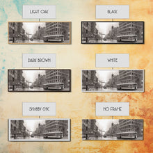 Load image into Gallery viewer, Detailed Street Sketch Canvas Print, City Wall Art, Bus, Cars, Buildings, Monochromatic Urban Art Print, Panoramic, Wall Art, Canvas Print
