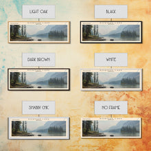 Load image into Gallery viewer, Bowman Lake Montana Framed Canvas Print, Panoramic Lake House Decor, Wall Art, Travel Poster, Rustic Lake Painting, Nature Art
