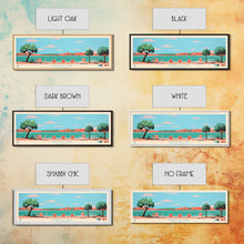 Load image into Gallery viewer, Brantley Lake New Mexico Framed Canvas Print, Midcentury Modern Panoramic Wall Art, Living Room Decor, Pop Art, Travel Poster Art, Scenic Nature Painting
