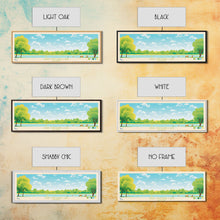 Load image into Gallery viewer, Crab Orchard Lake Illinois Framed Canvas Print, Midcentury Modern Panoramic Wall Art, Living Room Decor, Pop Art, Travel Poster Art, Scenic Nature Painting, Lake House Decor
