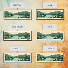 Load image into Gallery viewer, Lake Nacimiento California Framed Canvas Print, Panoramic Wall Art, Midcentury Modern, Pop Art, Living Room Decor, Travel Poster, Lake House Art
