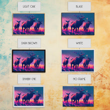 Load image into Gallery viewer, Vaporwave landscape, Elk in the plains at sunset, framed canvas art, canvas print, framed wall art
