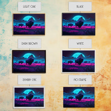 Load image into Gallery viewer, American Buffalo, Retrowave art, herd of Bison and a full moon, framed canvas print
