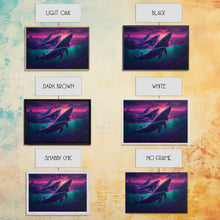 Load image into Gallery viewer, 3 Blue Whales Breaching at Sunset, vaporwave synthwave ocean art, framed canvas print

