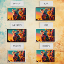 Cargar imagen en el visor de la galería, Cute Koala bear at sunset, vaporwave animal art, framed canvas print, framed wall art, ready to hang
