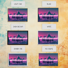 Load image into Gallery viewer, Penguins on the nice, cute animal prints, framed canvas print, synthwave / vaporwave art

