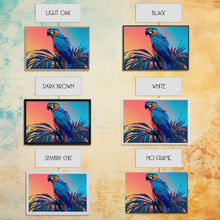 Carregar imagem no visualizador da galeria, Birds of Paradise, Tropical Blue Parrot, Framed canvas print, beautiful wall art for vacation home
