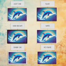 Load image into Gallery viewer, Dolphin riding a wave, cute animal prints, vaporwave animal art, framed canvas print
