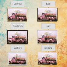 Load image into Gallery viewer, Framed Picture of old truck with beautiful flowers in bed of truck, farmhouse living, old barn, farmhouse distressed, framed canvas print

