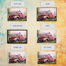 Load image into Gallery viewer, Framed Picture of old truck with beautiful flowers in bed of truck, farmhouse living, old barn, farmhouse distressed, framed canvas print
