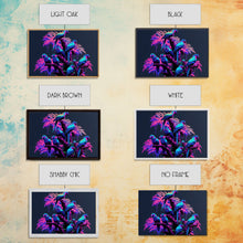 Load image into Gallery viewer, Synthwave Tropical Birds, Parrot Art, Framed canvas print, framed wall decor, vaporwave animal print
